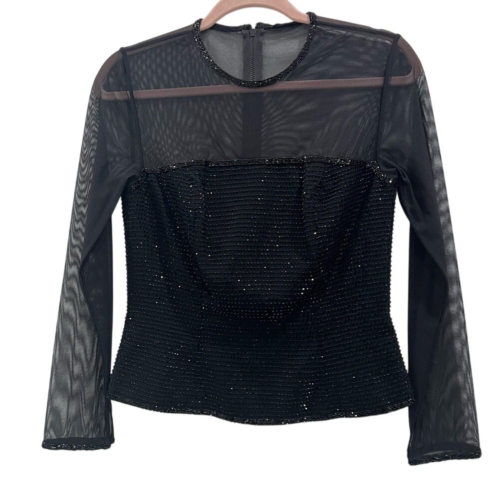 Black‎ Tie Oleg Cassini Petite Size 8 sheer back Zip Up black beaded Size 8 P